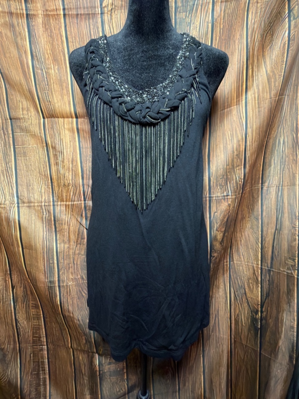 Alice + Olivia Black Sequin Chain Fringe Long Halter Top Y2K